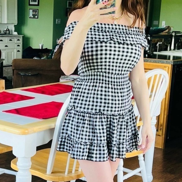 Majorelle off the shoulder black & white ruffle plaid checkers mini dress XS